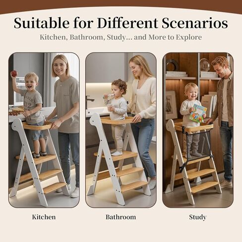 COSYLAND Toddler Tower Standing Foldable Kids Step Stool Kitchen Helper | iF Design Award,Adjustable Height Toddler Learning Helper Stool Safety Net & 2 Large Support Legs-(White & Natural)-Foldi in Kuwait