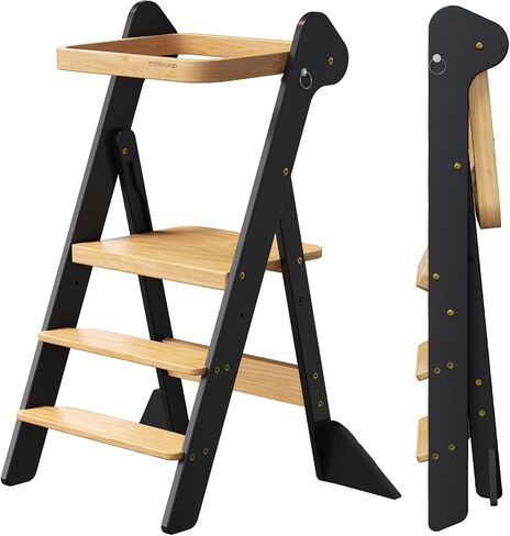 COSYLAND Foldi Foldable Toddler Kitchen Stool - Adjustable Height Toddler Standing Tower with Net & Safety Feet, IF Award-Winning Wooden Learning Step Tower for Kids 18M-6Y, Black & Natural | Adjustable Height Standing with Net & Safety Feet,IF Award-Winn in Kuwait