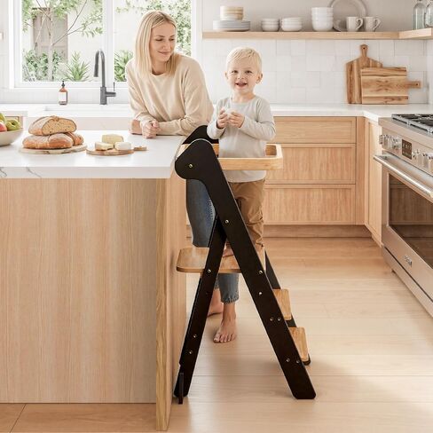 COSYLAND Foldi Foldable Toddler Kitchen Stool - Adjustable Height Toddler Standing Tower with Net & Safety Feet, IF Award-Winning Wooden Learning Step Tower for Kids 18M-6Y, Black & Natural | Adjustable Height Standing with Net & Safety Feet,IF Award-Winn in Kuwait