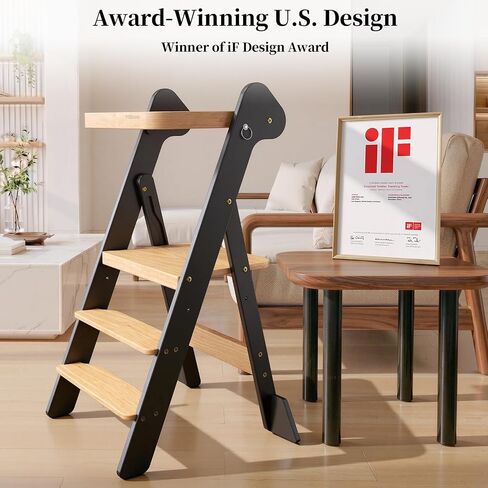 COSYLAND Foldi Foldable Toddler Kitchen Stool - Adjustable Height Toddler Standing Tower with Net & Safety Feet, IF Award-Winning Wooden Learning Step Tower for Kids 18M-6Y, Black & Natural | Adjustable Height Standing with Net & Safety Feet,IF Award-Winn in Kuwait
