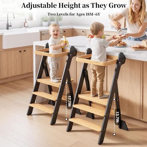 COSYLAND Foldi Foldable Toddler Kitchen Stool - Adjustable Height Toddler Standing Tower with Net & Safety Feet, IF Award-Winning Wooden Learning Step Tower for Kids 18M-6Y, Black & Natural | Adjustable Height Standing with Net & Safety Feet,IF Award-Winn in Kuwait