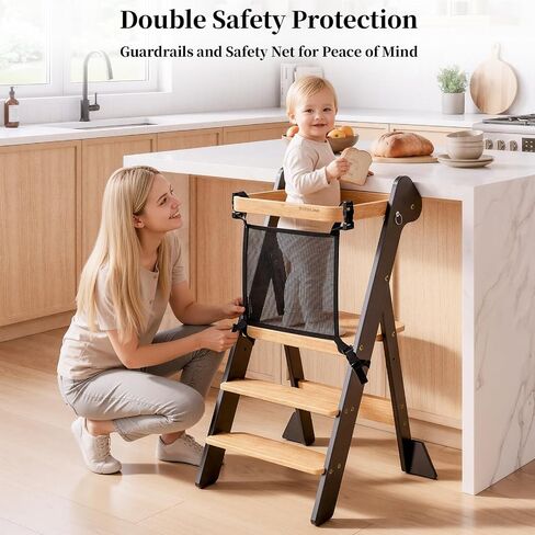 COSYLAND Foldi Foldable Toddler Kitchen Stool - Adjustable Height Toddler Standing Tower with Net & Safety Feet, IF Award-Winning Wooden Learning Step Tower for Kids 18M-6Y, Black & Natural | Adjustable Height Standing with Net & Safety Feet,IF Award-Winn in Kuwait