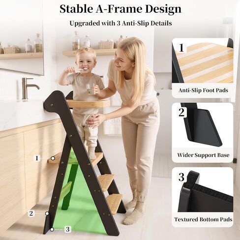 COSYLAND Foldi Foldable Toddler Kitchen Stool - Adjustable Height Toddler Standing Tower with Net & Safety Feet, IF Award-Winning Wooden Learning Step Tower for Kids 18M-6Y, Black & Natural | Adjustable Height Standing with Net & Safety Feet,IF Award-Winn in Kuwait