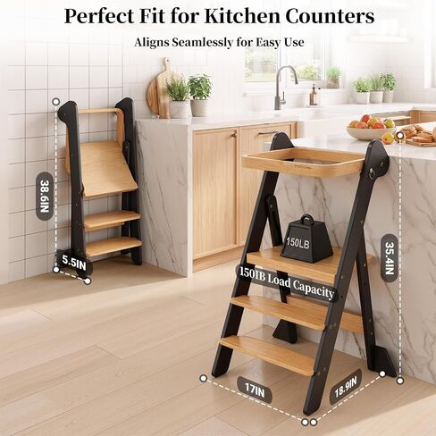 COSYLAND Foldi Foldable Toddler Kitchen Stool - Adjustable Height Toddler Standing Tower with Net & Safety Feet, IF Award-Winning Wooden Learning Step Tower for Kids 18M-6Y, Black & Natural | Adjustable Height Standing with Net & Safety Feet,IF Award-Winn in Kuwait