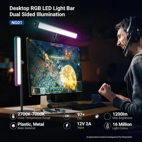 NEEWER Dual Sided RGB LED Streaming Key Light, Smart Desk Lamp Compatible with Alexa Google Assistant for Gaming Video Conference, 16 Million Colors, 2700K-7000K/CRI97+ Studio Tube Lighting, NG01 in Kuwait