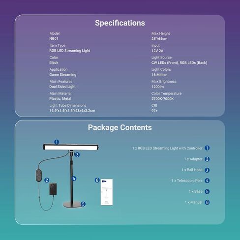 NEEWER Dual Sided RGB LED Streaming Key Light, Smart Desk Lamp Compatible with Alexa Google Assistant for Gaming Video Conference, 16 Million Colors, 2700K-7000K/CRI97+ Studio Tube Lighting, NG01 in Kuwait