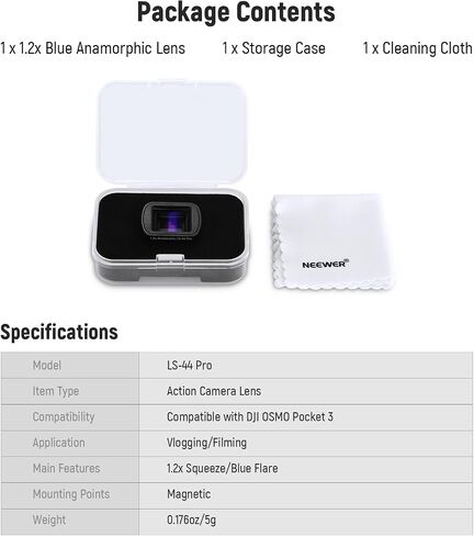 NEEWER 1.2X Blue Anamorphic Lens Compatible with DJI Osmo Pocket 3 / Pocket 4 / Xtra Muse, HD Magnetic Cinematic Widescreen Blue Streak Effect Lens Accessories, LS-44 Pro in Kuwait
