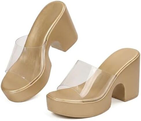 Women's Clear Round Toe Chunky Heel Slide Sandals Fashion Sexy Slip On Transparent Strap Gold Platform Block Heel Mules Summer Backless Wedding Party Prom Dress Shoes in Kuwait