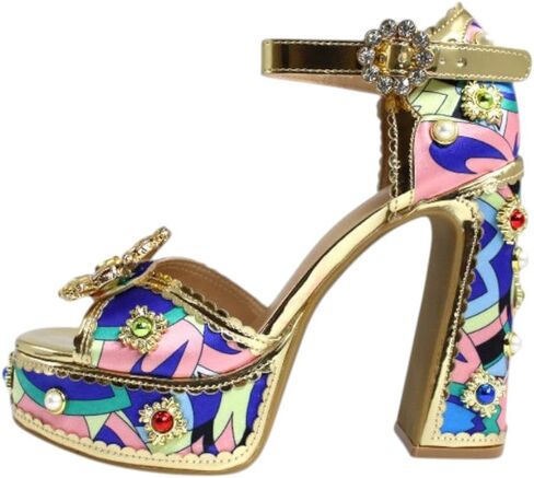Anne Michelle Women's Multi Color Jeweled Sandals Platform Chunky Block High Heels Open Toe Ankle Strap Rhinestone Chunky Heels in Kuwait