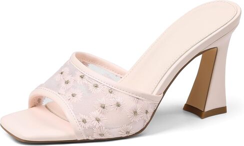 Kitten Heels for Women Square Open Toe Floral Mesh Mules Heeled Sandals | 3.5" Block Heels Floral Embroidered Mesh Slip on Heel Cute Comfy Summer Bridal Wedding Party Shoes in Kuwait