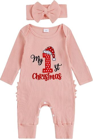 My First Christmas Baby Girl Outfit Letter Embroidery Long Sleeve Jumpsuit Romper + Headband Newborn Clothes in Kuwait