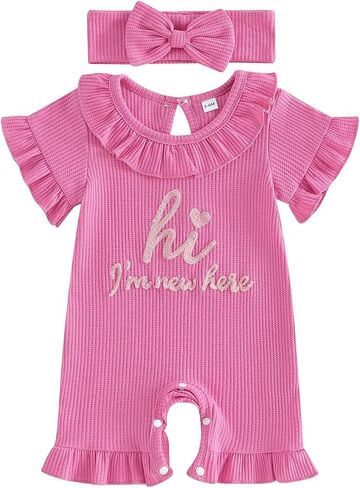 Amnnchya Newborn Girls Clothes Waffle Ruffle Short Sleeve Summer Romper One Piece Jumpsuit Baby Girl Coming Home Outfit in Kuwait