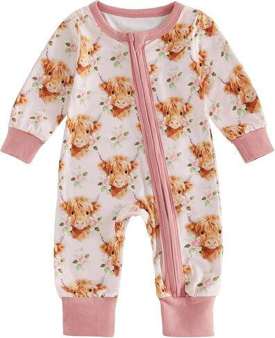Newborn Western Baby Girl Clothes Highland Cow Zipper Romper 0-18M in Kuwait