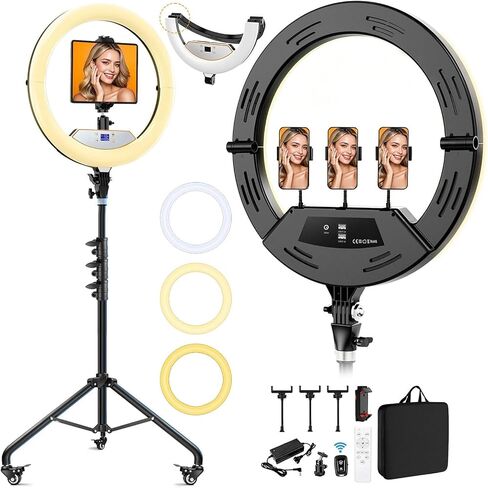 18" Ring Light with Stand: Lockable Wheels, LED Display & Foldable, | 75" Tripod Stand,3 Color modes 6500K / 2 USB Ports Large Ringlight , Video Recording Live Tattoo Makeup Barber Photography in Kuwait