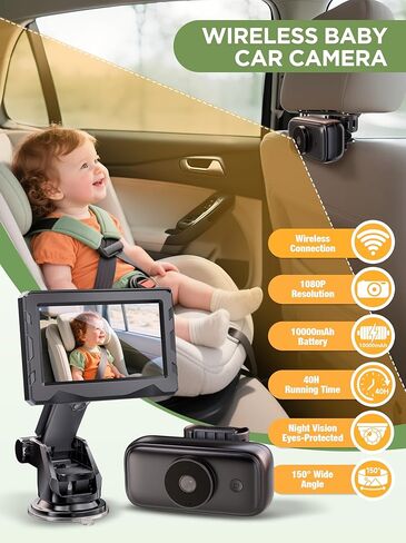 Wireless Baby Car Camera & 360° Rotating 4.3'' 1080P Video Car Baby Monitor | 40 Hrs Rechargeable Battery, Auto 940mn Night Vision & Sleep Mode, Rear Facing Back Seat Cam, Newborn Essential New Mom gift in Kuwait