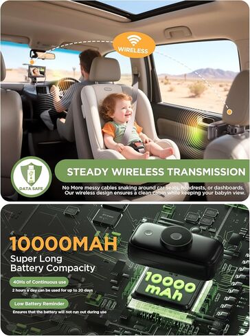 Wireless Baby Car Camera & 360° Rotating 4.3'' 1080P Video Car Baby Monitor | 40 Hrs Rechargeable Battery, Auto 940mn Night Vision & Sleep Mode, Rear Facing Back Seat Cam, Newborn Essential New Mom gift in Kuwait