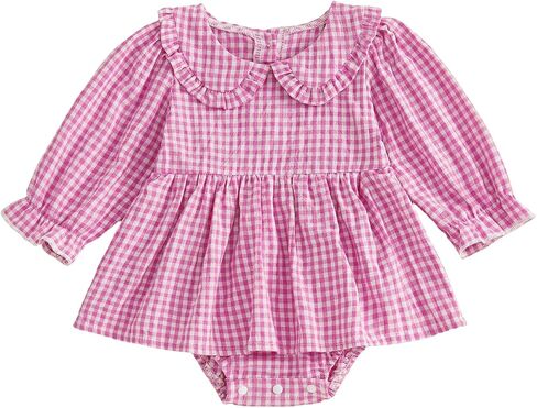 Baby Girl Romper Dress Plaid/Stripe Long Sleeve Bodysuit Fall Clothes | Baby Girl Gingham Romper Dress, Baby Girl Striped Onesie Dress, for Baby Shower Gifts/Birthday Gifts/Holiday/Casual Daily in Kuwait