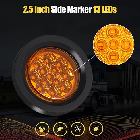 2.5 Inch 5 Amber 5 Red Round 13 LED Trailer Side Marker Lights | 2.5" Round LED Trailer Truck RV Clearance Marker Lights w/Reflectors Waterproof Sealed Flush Mount 2 Prong Wire Pigtails in Kuwait