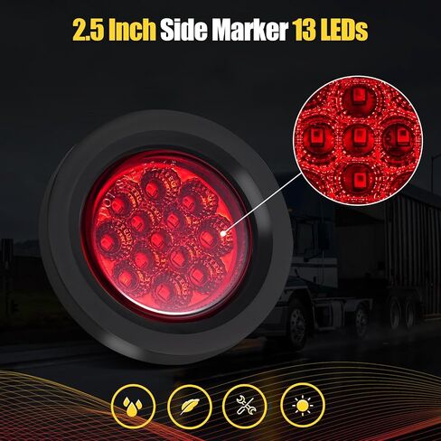 2.5 Inch 5 Amber 5 Red Round 13 LED Trailer Side Marker Lights | 2.5" Round LED Trailer Truck RV Clearance Marker Lights w/Reflectors Waterproof Sealed Flush Mount 2 Prong Wire Pigtails in Kuwait