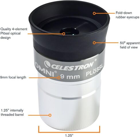 Celestron Omni 9mm 1.25" Telescope Eyepiece for Crisp Lunar & Planet Views | Moon & Planet Viewing, 4-Element Plössl Design, Fully Multi-Coated Optics, Sharp High-Contrast Views, Blackened Edges in Kuwait