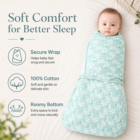 Baby Swaddle,Sleep Sack 6-12 Months,Adjustable WearableTransition Blanket,Miracle Swaddles for Babies Large,100% Cotton-2-Piece(Green&Grey) in Kuwait