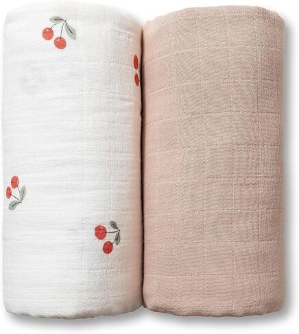 GOTS Certified Organic Muslin Swaddle Blankets, 2 Pack Baby Receiving Blankets, Soft Breathable Cotton Swaddles for Newborn Girls, Cherry & Blush Pink in Kuwait