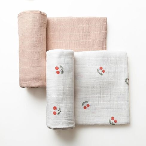 GOTS Certified Organic Muslin Swaddle Blankets, 2 Pack Baby Receiving Blankets, Soft Breathable Cotton Swaddles for Newborn Girls, Cherry & Blush Pink in Kuwait