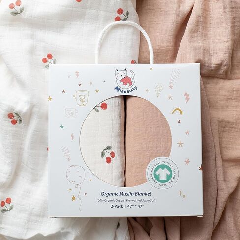 GOTS Certified Organic Muslin Swaddle Blankets, 2 Pack Baby Receiving Blankets, Soft Breathable Cotton Swaddles for Newborn Girls, Cherry & Blush Pink in Kuwait