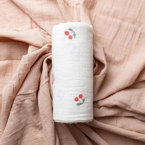 GOTS Certified Organic Muslin Swaddle Blankets, 2 Pack Baby Receiving Blankets, Soft Breathable Cotton Swaddles for Newborn Girls, Cherry & Blush Pink in Kuwait
