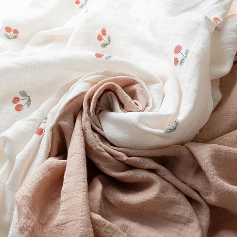 GOTS Certified Organic Muslin Swaddle Blankets, 2 Pack Baby Receiving Blankets, Soft Breathable Cotton Swaddles for Newborn Girls, Cherry & Blush Pink in Kuwait