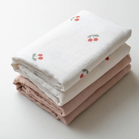 GOTS Certified Organic Muslin Swaddle Blankets, 2 Pack Baby Receiving Blankets, Soft Breathable Cotton Swaddles for Newborn Girls, Cherry & Blush Pink in Kuwait