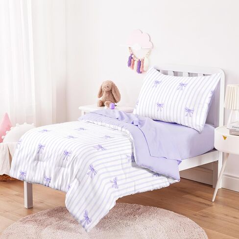 Wake In Cloud - Toddler Bedding Set for Girls, Vertical Stripes with Cute Bows, 4 Pieces Soft Crib Bed Set Including Comforter, Sheets and Pillowcase, Light Purple in Kuwait