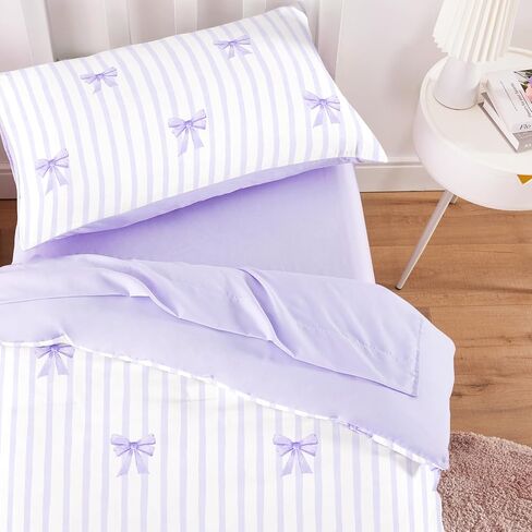 Wake In Cloud - Toddler Bedding Set for Girls, Vertical Stripes with Cute Bows, 4 Pieces Soft Crib Bed Set Including Comforter, Sheets and Pillowcase, Light Purple in Kuwait