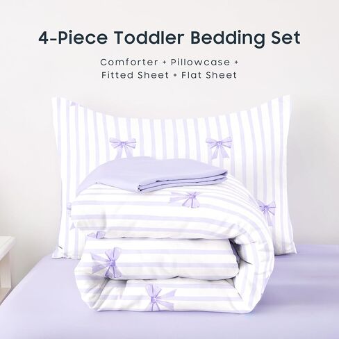 Wake In Cloud - Toddler Bedding Set for Girls, Vertical Stripes with Cute Bows, 4 Pieces Soft Crib Bed Set Including Comforter, Sheets and Pillowcase, Light Purple in Kuwait