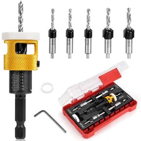 5PCS Countersink Drill Bit Set, Low Friction Depth Stop, 1/8 9/64" 5/32" Drill + 3/8" 82° Counter-Bore, 11/64" 3/16" Drill + 1/2" 82° Counter-Bore, 1/4" Hex Shank, for Woodworking, with Storage Box in Kuwait