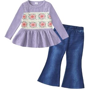 Baby Girl Clothes Toddler Crochet Shirts Flare Pants Outfits 12M-5T | Infant Bell Bottom Outfit for Girl,Fall Winter Floral Patchwork Ruffle Tops Jeans Girls Clothing Sets,Cute Kids Clothes Gifts in Saudi Arabia