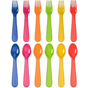 PLASKIDY Wheat Straw Toddler Utensils Set of 12 - Kids Forks and Kids Spoons BPA Free/Dishwasher Safe Kids Utensils Cutlery Set Brightly Colored Toddlers Silverware Set in Saudi Arabia