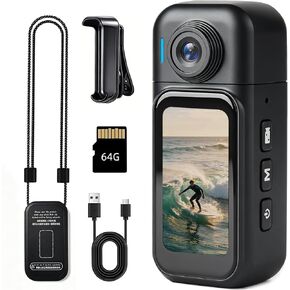 1080P Mini Body Camera - 64GB Action Camera Portable POV Cam with Magnetic Necklace 360° Rotatable Clip for Vlogging Work Travel Baseball Fishing Party(Black) in Kuwait