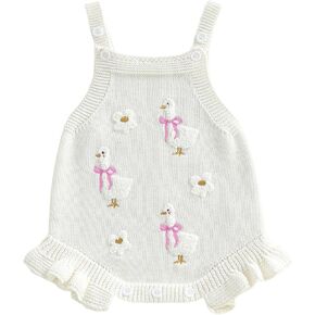 Newborn Baby Girl Sweater Romper Goose Floral Embroidery Sleeveless Crochet Knit Sweater Onesie Toddler Fall Clothes in Kuwait