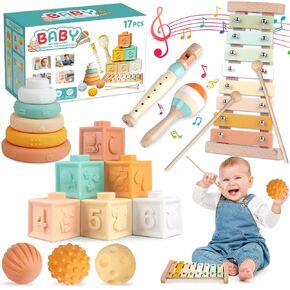 6-in-1 Montessori Baby Toy Set with Musical Instruments Toddler Baby Gift | Wooden xylophone with 2 sticks, maraca and clarinet; 6 soft blocks, 5 stacking rings, 3 sensory balls; music and sensory play in Saudi Arabia