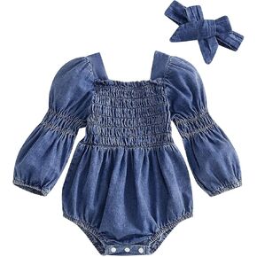 Infant Baby Girl Clothes Denim Bubble Romper Smocked Long Sleeve Jumpsuit and Headband Outfit Newborn Fall Clothing in Saudi Arabia