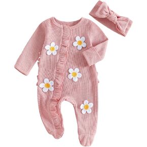Newborn Girl Going Home Outfit Long Sleeve Footies Floral Ruffled Trim Zipper Jumpsuit Headband Baby Fall Clothes in Saudi Arabia