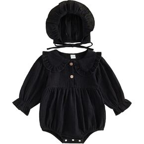 Newborn Baby Girl Cotton Gauze Clothes Long Sleeve Romper and Bonnet | for 0 3 6 12 18 Months Girls, New Born Gilr Muslin Clothes,Baby Bonnets, Ruffle Rompers, Collared Linen Onesie in Saudi Arabia