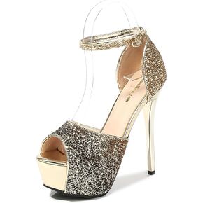 Women's Peep-Toe Platform Stiletto Prom Sandals With Adjust Ankle Buckle Sexy Sequins Super High Heels 5.51in FishToe Backless Pumps For Party Wedding Dinner Runway Show in Saudi Arabia
