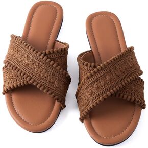 Mtzyoa Women Crisscross Flat Sandals with Pom Pom Trim, Woven Macrame Design, Open Toe Slip On Summer Slides in Kuwait