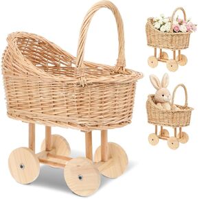 Wicker Flower Girl Basket with Handle Vintage Wicker Baby Carriage for Baby Shower Decorative Woven Rattan Stroller Shaped Flower Basket for Wedding Floral Arrangement in Kuwait
