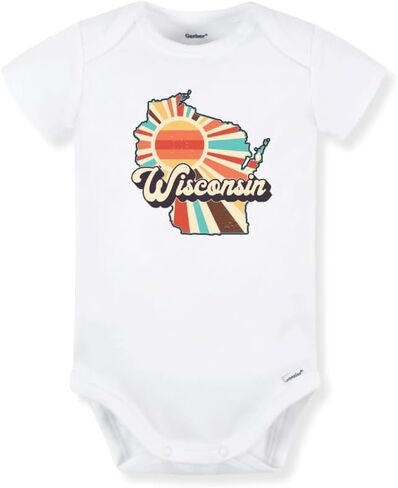 Wisconsin State Baby Bodysuit, Kids T-Shirt | 100% cotton, printed in California, shipped from USA, Soft breathable fabric, machine washable in Kuwait