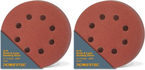 POWERTEC 50PK, 60 Grits, Sanding Discs 5 Inch - Hook and Loop, 5 Inch 8 Hole Aluminum Oxide Sandpaper Discs, Woodworking Sanding Pads for Random Orbital, Palm, Air, DA & Pneumatic Sander (45006) in Kuwait