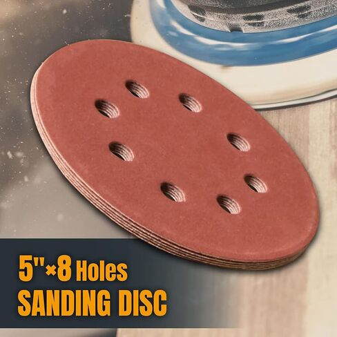 POWERTEC 50PK, 60 Grits, Sanding Discs 5 Inch - Hook and Loop, 5 Inch 8 Hole Aluminum Oxide Sandpaper Discs, Woodworking Sanding Pads for Random Orbital, Palm, Air, DA & Pneumatic Sander (45006) in Kuwait