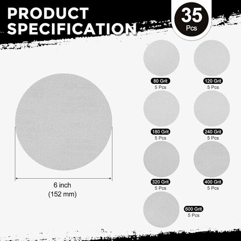 35 Pcs Sanding Discs 6 Inch 80/120/180/240/320/400/600 Grit Hook and Loop Orbital Sandpaper Suitable for Drywall Sander Wood Metal Furniture, White in Kuwait